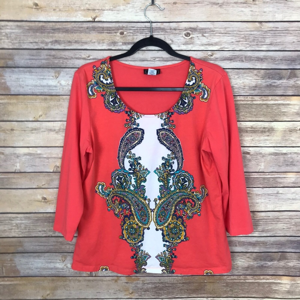 Lark Lane Top Womens L Orange Paisley Scoop Neck T-Shirt 3/4 Sleeve Scoop Neck